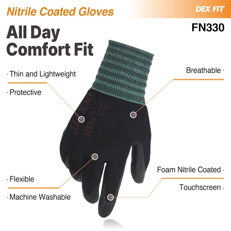 DEX FIT Premium Nitrile Work Gloves FN330, 3D Comfort Bare-Hand Fit, Firm Grip, Touchscreen, Thin & Lightweight, Breathable Foam Nitrile, Machine Washable; Black L (9) - Image 4
